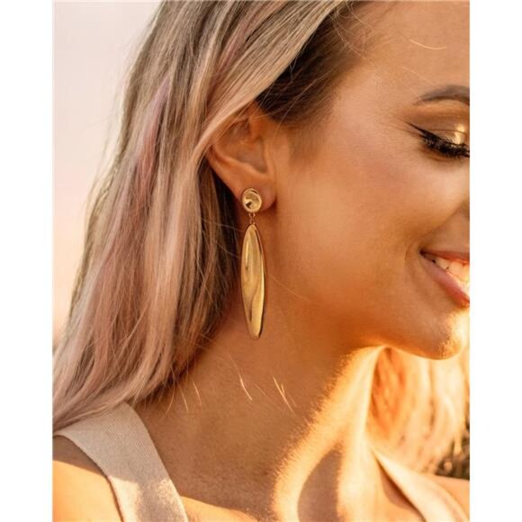 Pearl Long Gold Bar Earrings – Bamboo Leaf Inspired Statement Drops - Picture 2 of 6